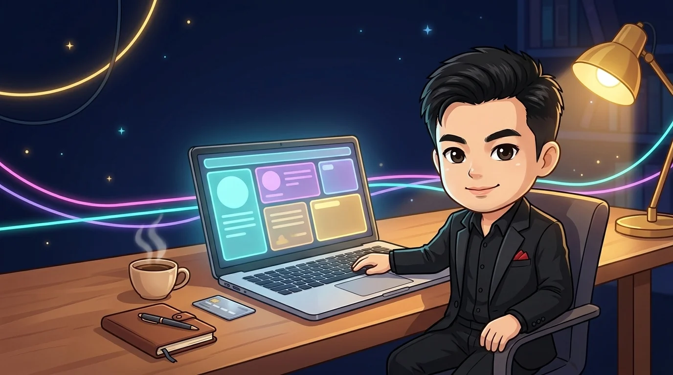โต๊ะทำงานกลางคืน มีโน้ตบุ๊กเปิดอยู่ สมุดจด บัตร และกาแฟ